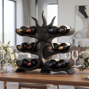 Sunburst Sculptural Solid Wood Wine Rack Bottle Holder Artistic Tabletop Display