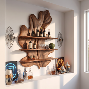 Tropical Leaf Solid Wood Wall Wine Holder with Three Display Shelves