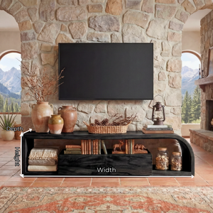 Curved Wood TV Cabinet with Open Shelving, Rustic Modern Media Console for Mediterranean Living Rooms