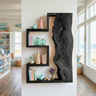 Geometric Solid Wood Wall Shelf with Live Edge Panel Sculptural Floating Storage Display