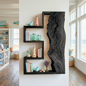 Geometric Solid Wood Wall Shelf with Live Edge Panel Sculptural Floating Storage Display