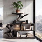 Sculptural Solid Wood Bookshelf with Elevated Shelf Tree Form Organic Modern Display