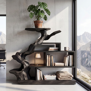 Sculptural Solid Wood Bookshelf with Elevated Shelf Tree Form Organic Modern Display