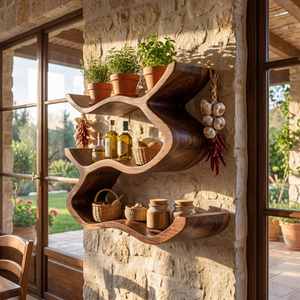 Wall Mounted Solid Wood Spice Shelf with Sculpted Ribbon Edge Design