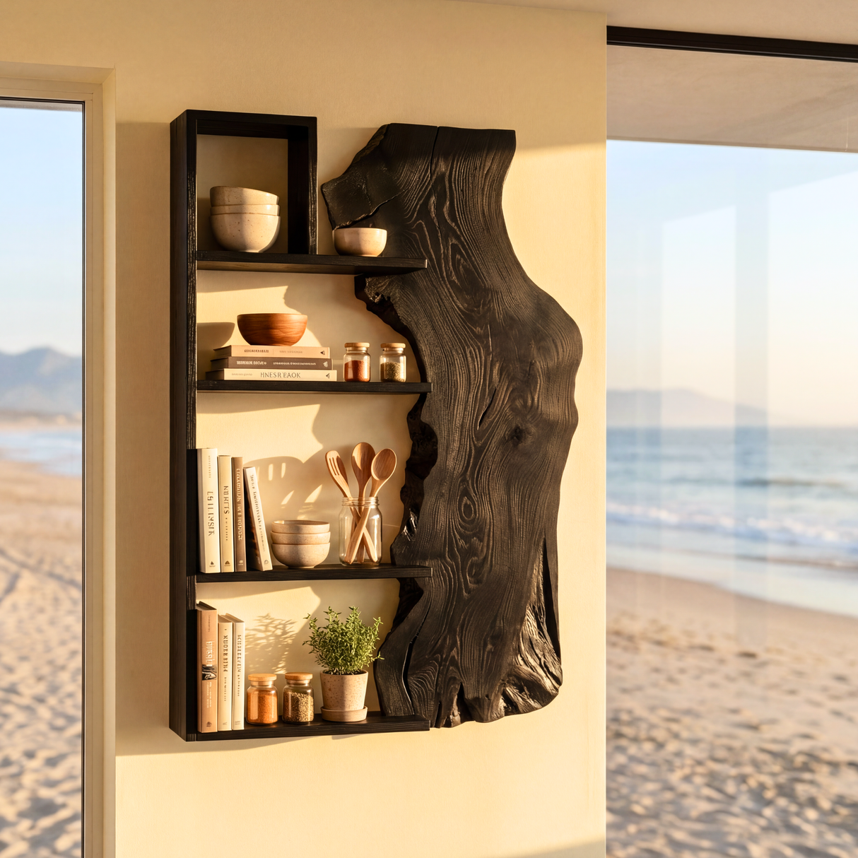 Solid Wood Live Edge Wall Shelf Geometric Frame Multi Tier Floating Storage