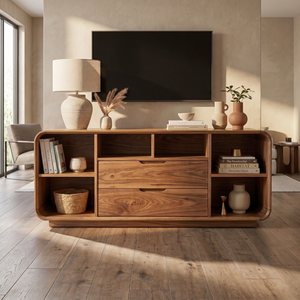 Solid Wood Rounded Corner Sideboard with Drawers and Open Shelves