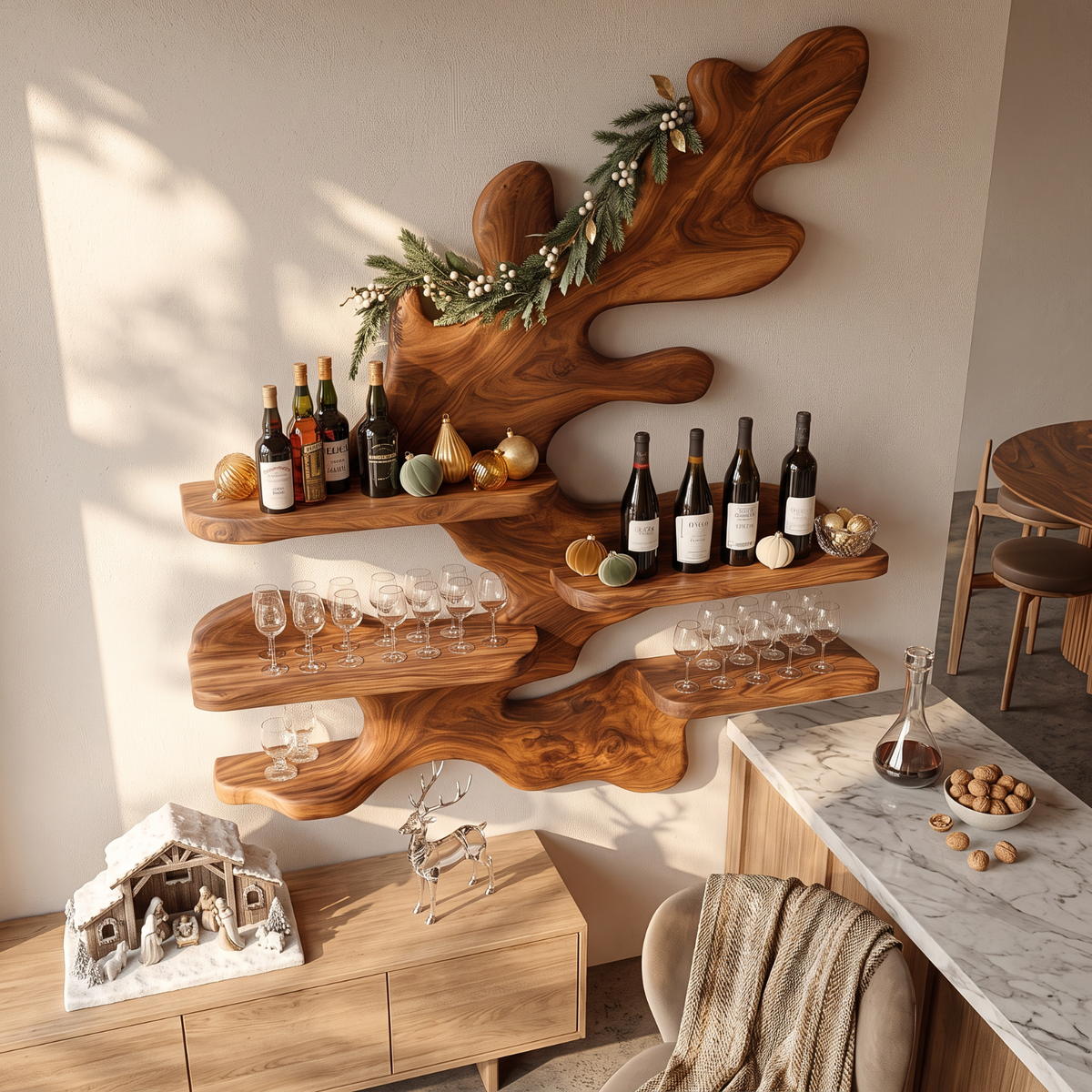 Sculptural Solid Wood Wine Rack with Organic Branch Shelves