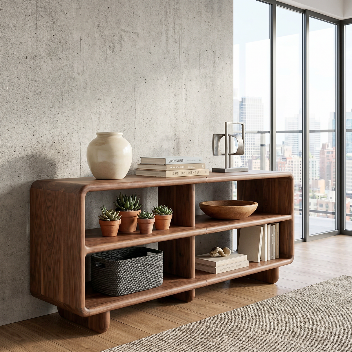 Solid Wood Open Shelf Sideboard with Rounded Edge Storage Design
