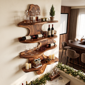 Cascading Solid Wood Wall Wine Rack with Four Sculptural Display Shelves