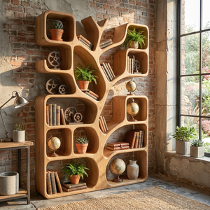 Handcrafted Solid Wood Tree Bookshelf with Organic Open Display Shelves