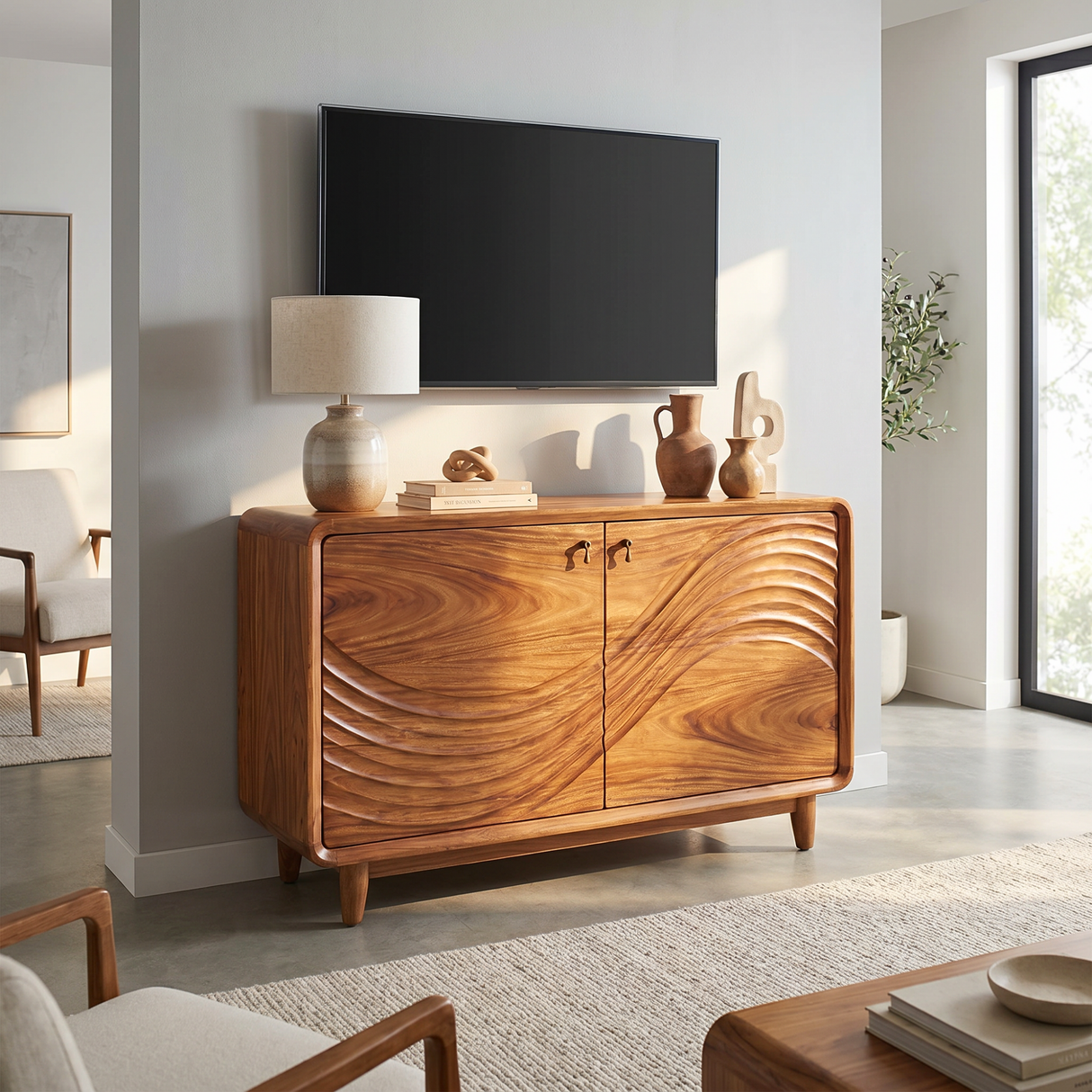Natural Solid Wood Sideboard with Flowing Relief Carved Front