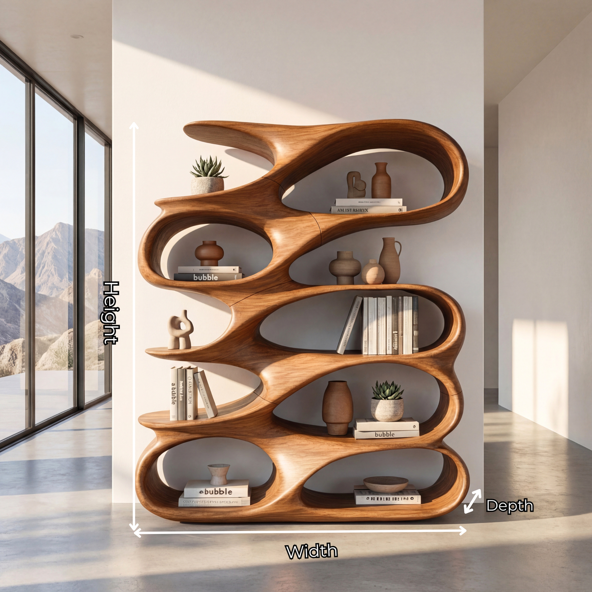 Abstract Loop Wood Display Shelf with Flowing Open Compartments
