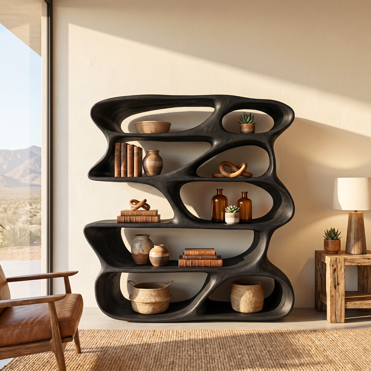 Organic Sculptural Bookshelf Handmade Modern Wooden Display Shelf Contemporary Storage Unit