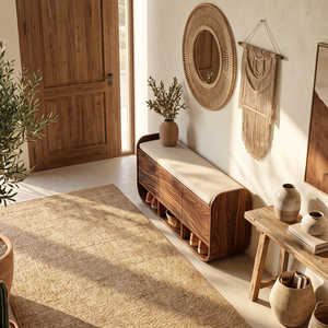Organic Solid Wood Shoe Cabinet with Entryway Bench and Open Storage