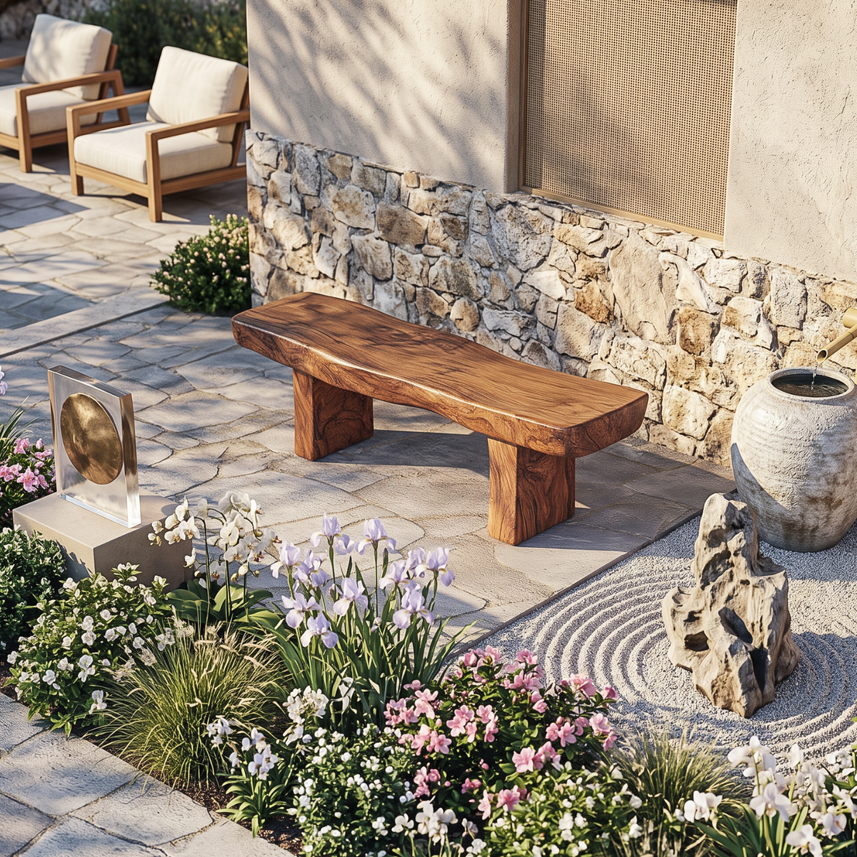 Handcrafted Live Edge Solid Wood Garden Bench with Natural Slab Seat