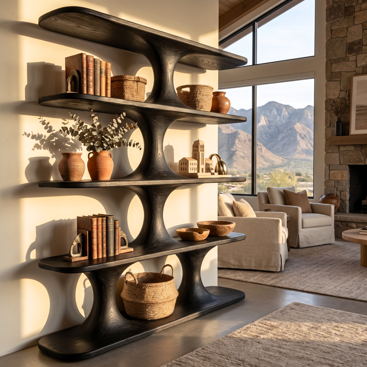 Sculptural Wood Shelving Modern Organic Bookshelf Handmade Contemporary Display Storage Unit