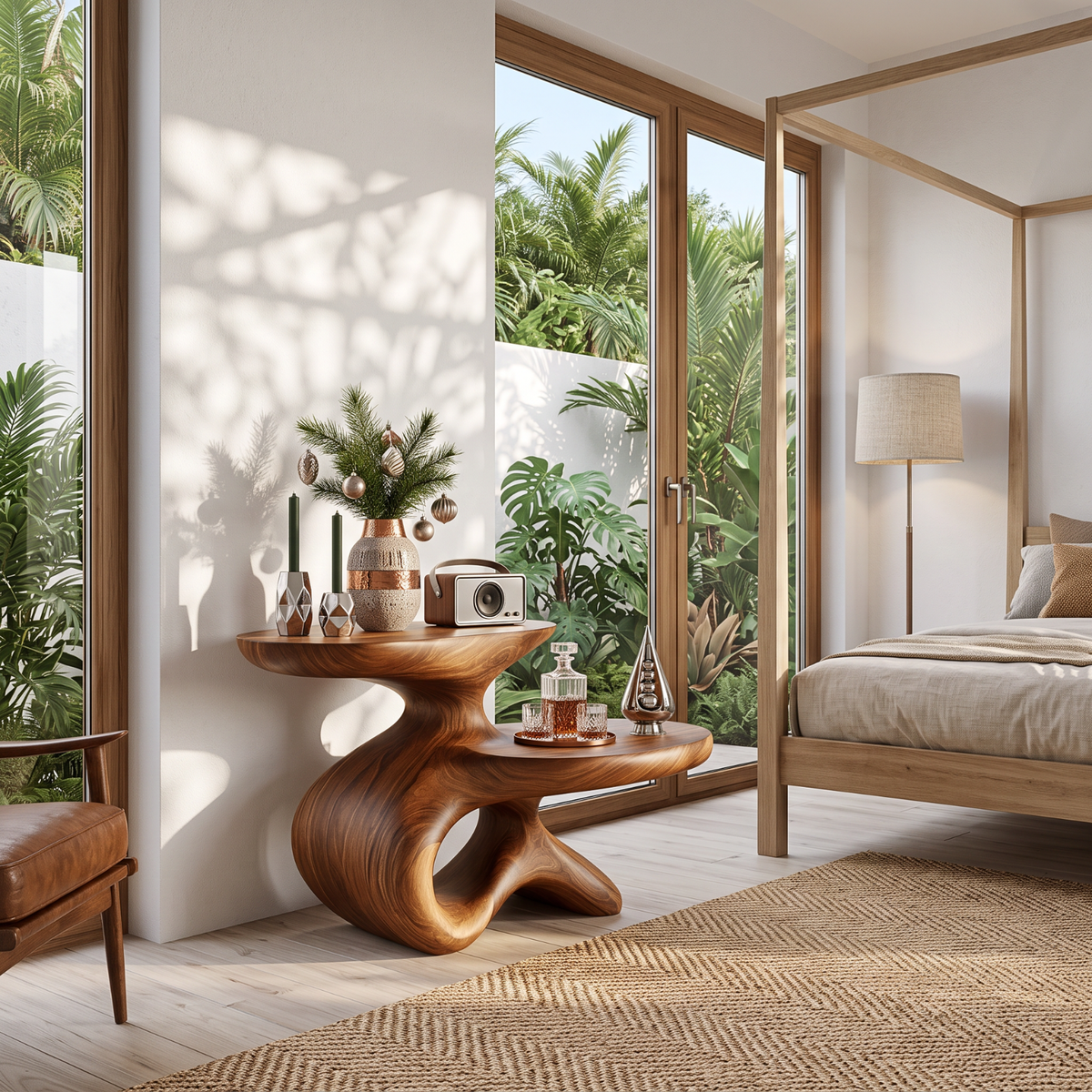 Sculptural Solid Wood Side Table with Two Tier Shelves and Organic Loop Base