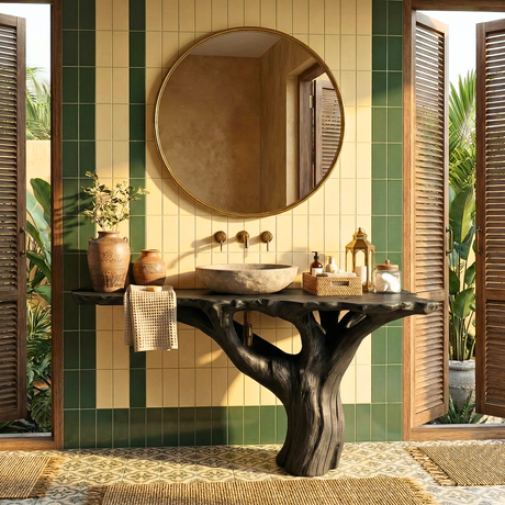 Handcrafted Solid Wood Bathroom Vanity with Sculptural Tree Base
