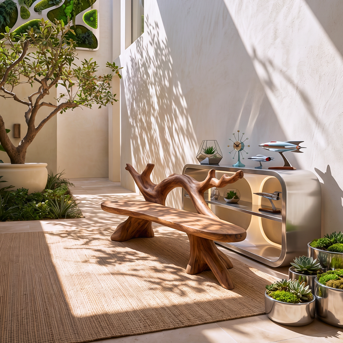 Organic Solid Wood Garden Bench with Natural Branch Backrest
