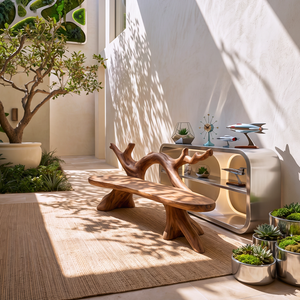 Organic Solid Wood Garden Bench with Natural Branch Backrest