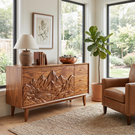 Handcrafted Solid Wood Mountain Carved Sideboard with Drawers and Cabinet Storage
