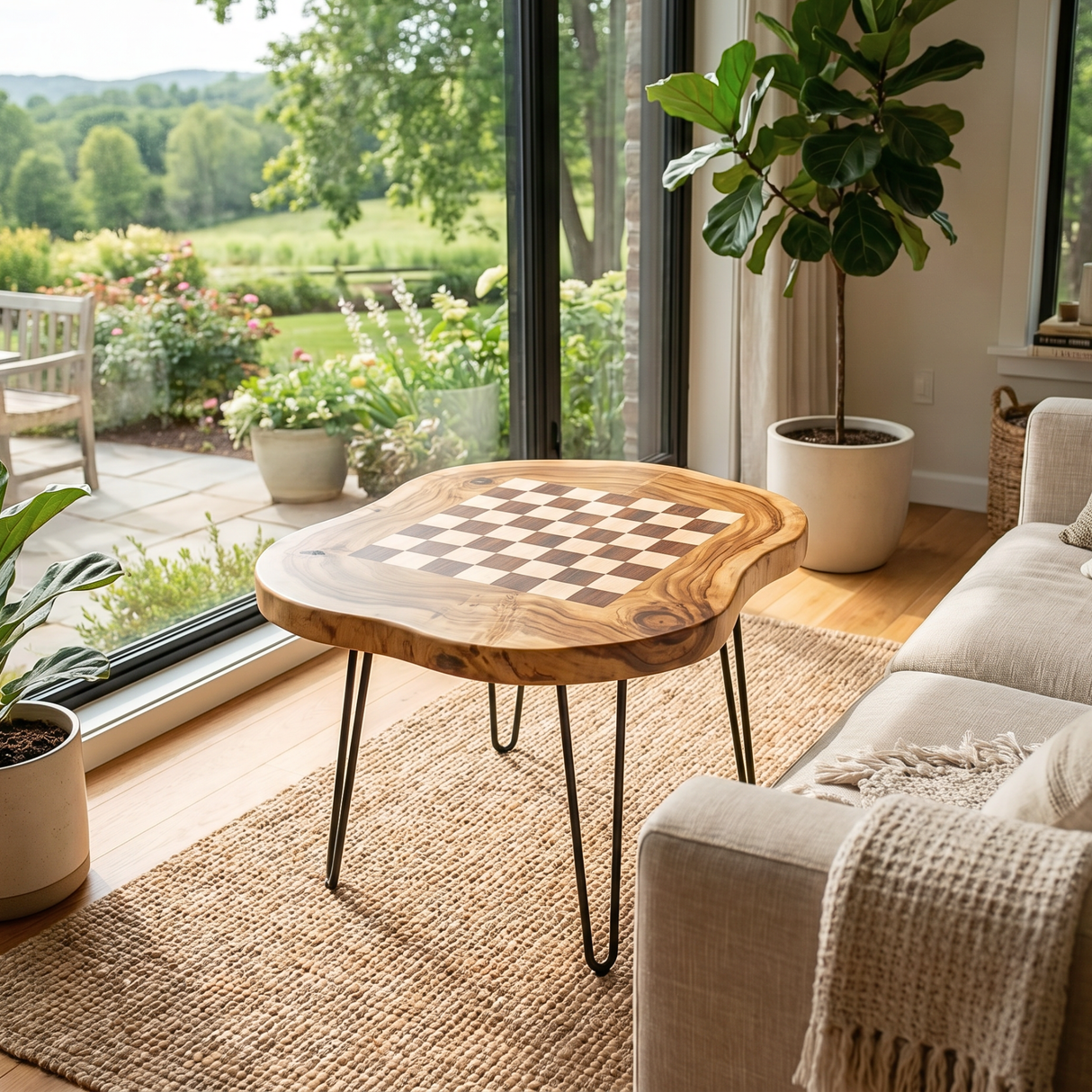 Handcrafted Solid Wood Chess Coffee Table with Organic Freeform Top and Hairpin Legs