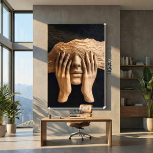 Handcrafted Solid Wood Face Wall Sculpture with Layered Wave Blindfold and Sculpted Hands