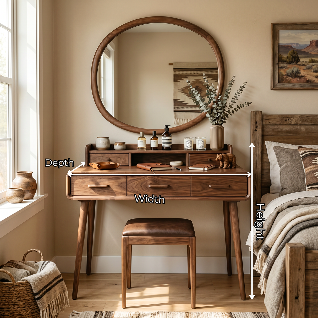 Solid Wood Makeup Vanity Table with Tiered Organizer Hutch and Three Storage Drawers