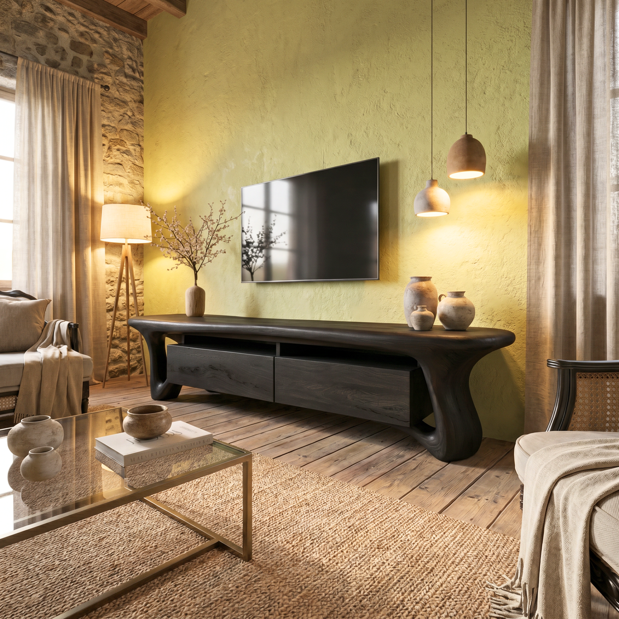 Organic Solid Wood TV Stand with Sculptural Loop Legs and Storage Drawers