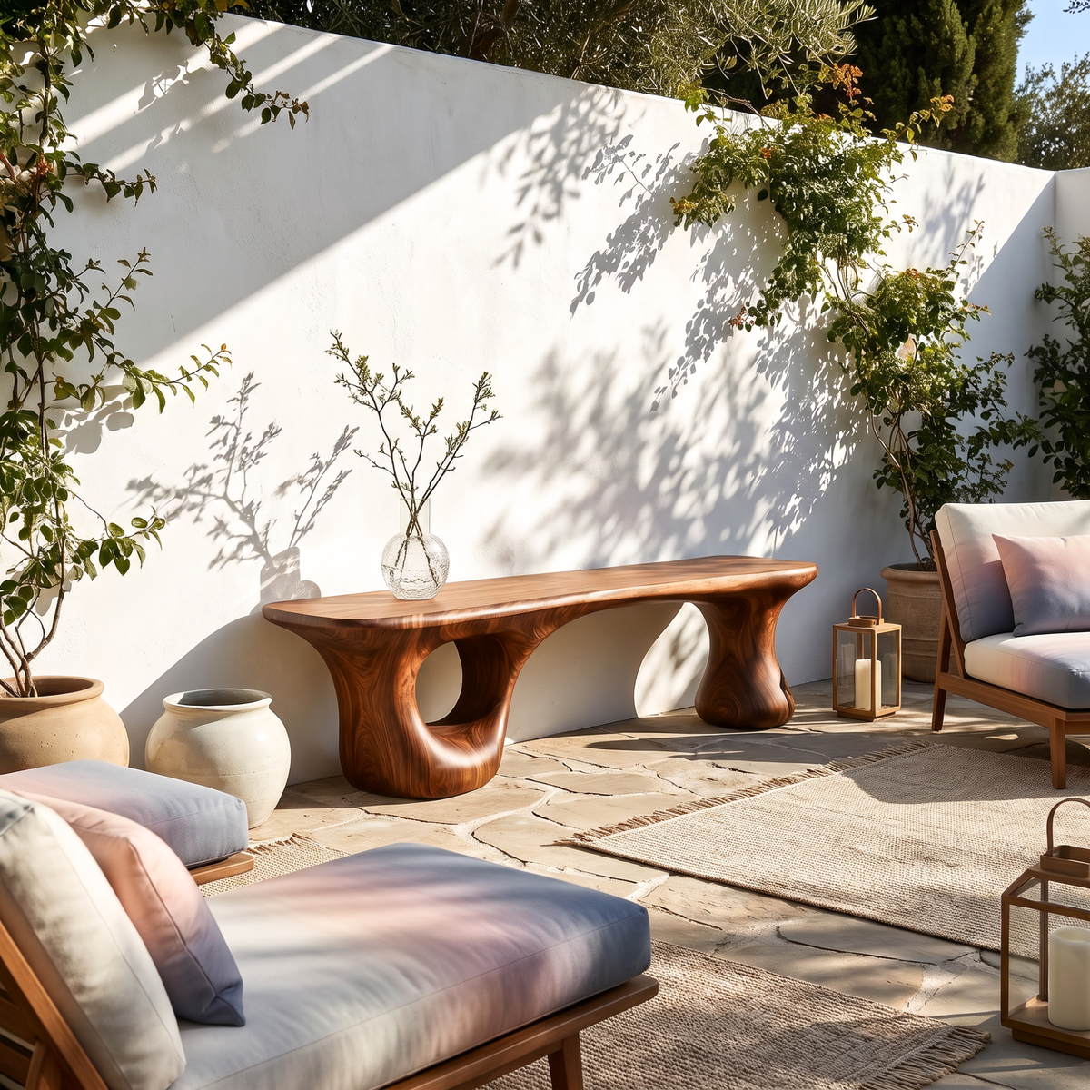 Bench Solid Wood with Sculptural Loop and Pedestal Base with Flowing Live Edge Seat
