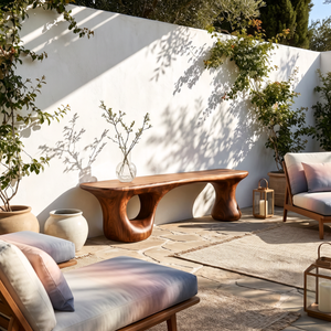 Bench Solid Wood with Sculptural Loop and Pedestal Base with Flowing Live Edge Seat