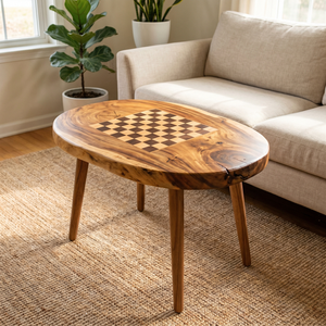 Handcrafted Solid Wood Chess Coffee Table with Freeform Top and Tapered Legs