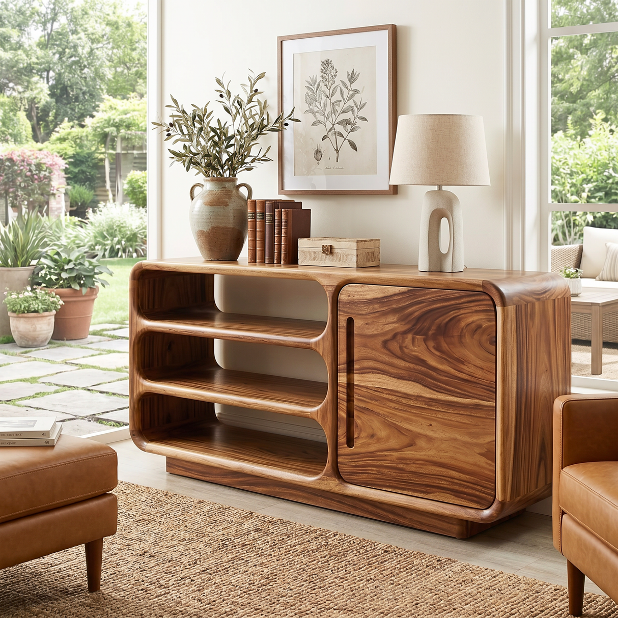 Solid Wood Rounded Sideboard with Open Shelves for Living Room