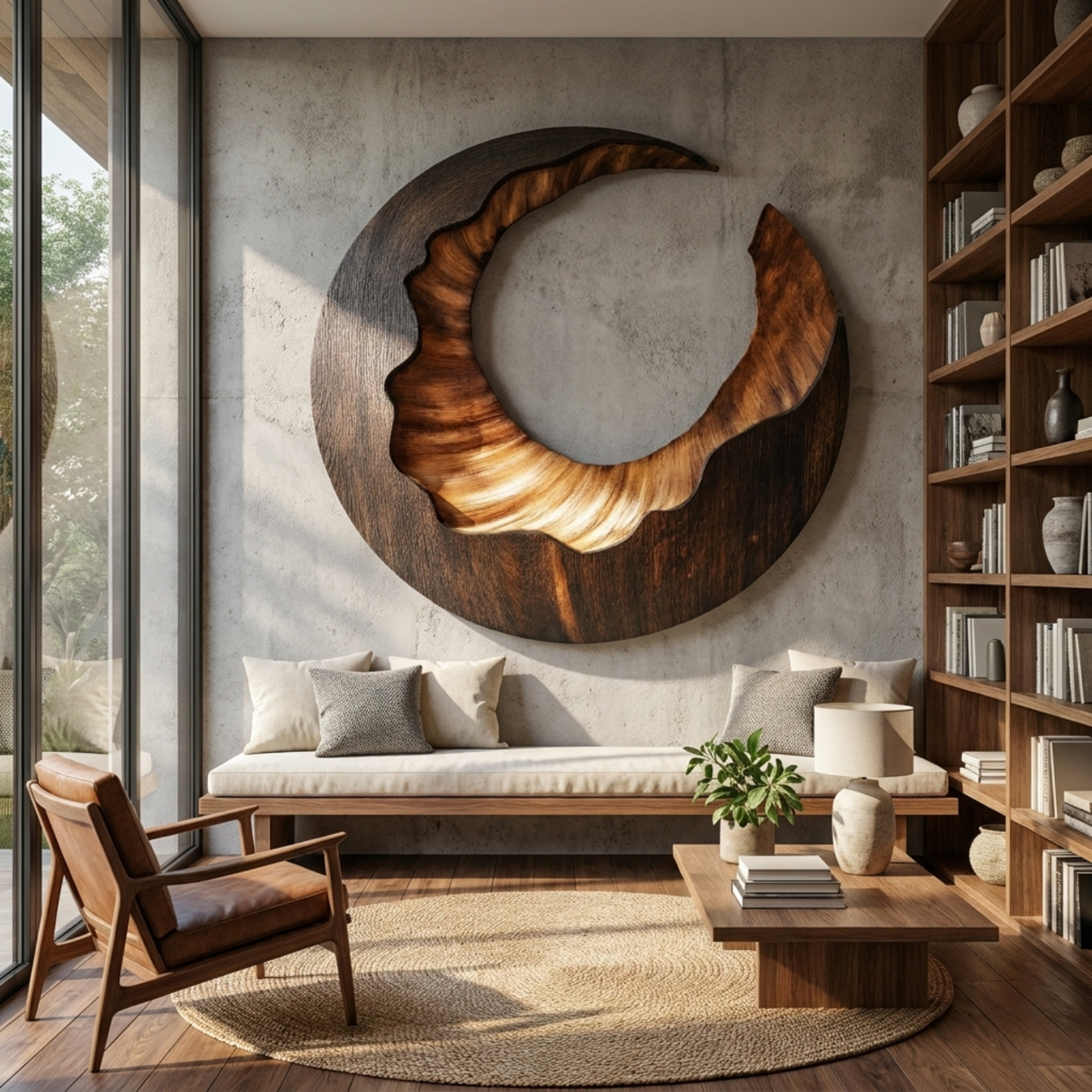 Solid Wood Open Ring Wall Sculpture with Organic Carved Edge