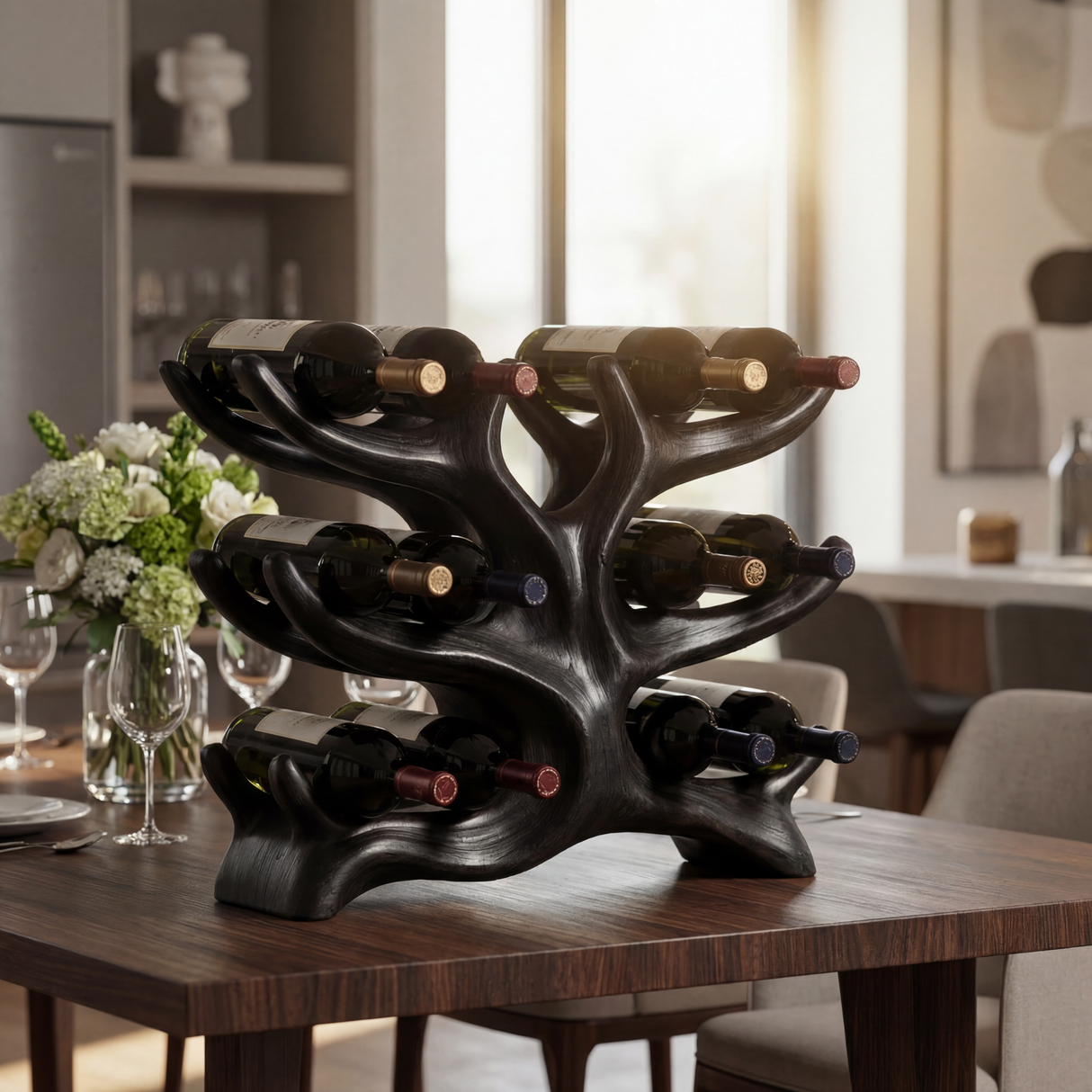 Tree Form Solid Wood Wine Rack Sculptural Multi Level Bottle Holder for Tabletop Storage