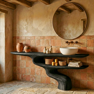 Handcrafted Solid Wood Bathroom Vanity with Sculptural Double Shelf Base