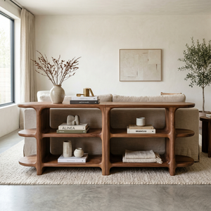 Handcrafted Solid Wood Organic Open Shelf Sideboard Console with Sculptural Curved Frame