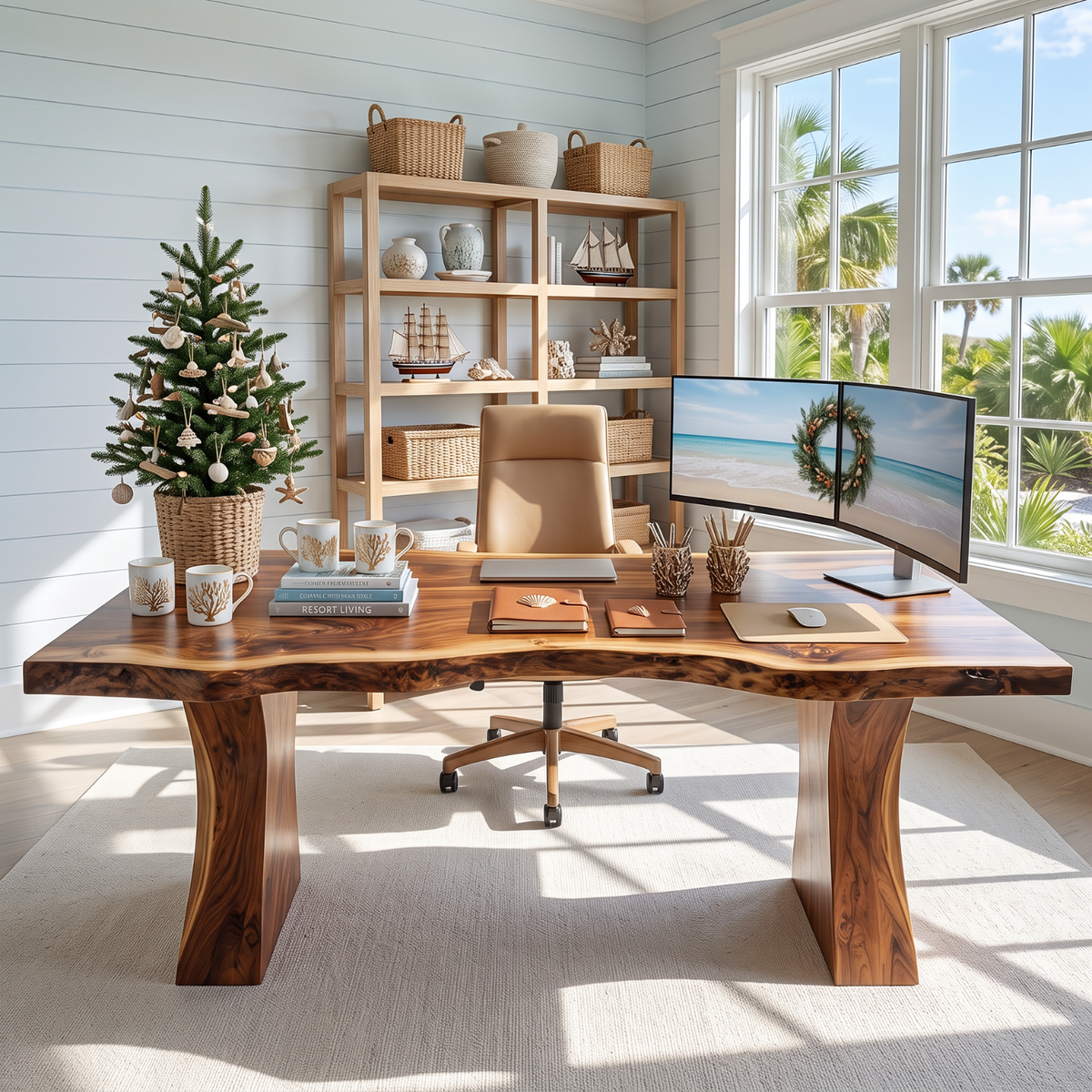 Handcrafted Live Edge Solid Wood Desk with Tapered Pedestal Legs