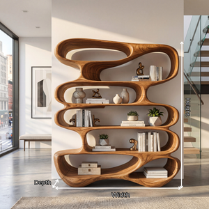 Flowing Open Form Wood Display Shelf with Sculptural Tiered Shelving