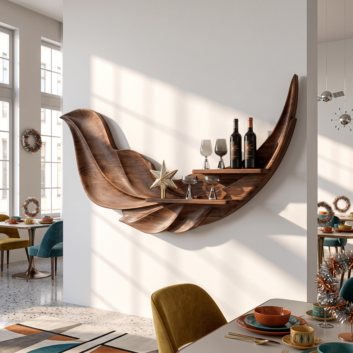 Sculptural Feather Wall Mounted Wine Holder in Solid Wood with Display Shelves