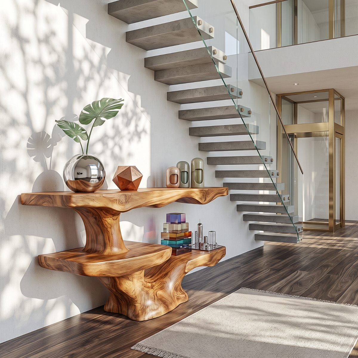 Solid Wood Console Table with Asymmetrical Floating Shelves and Sculptural Trunk Base