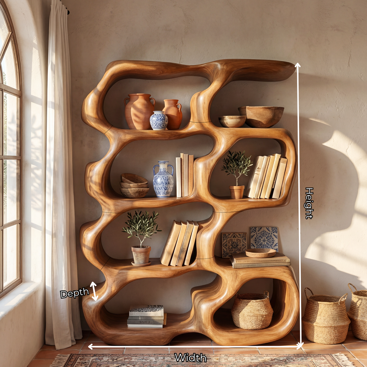 Sculptural Organic Wood Bookcase with Open Display Shelves