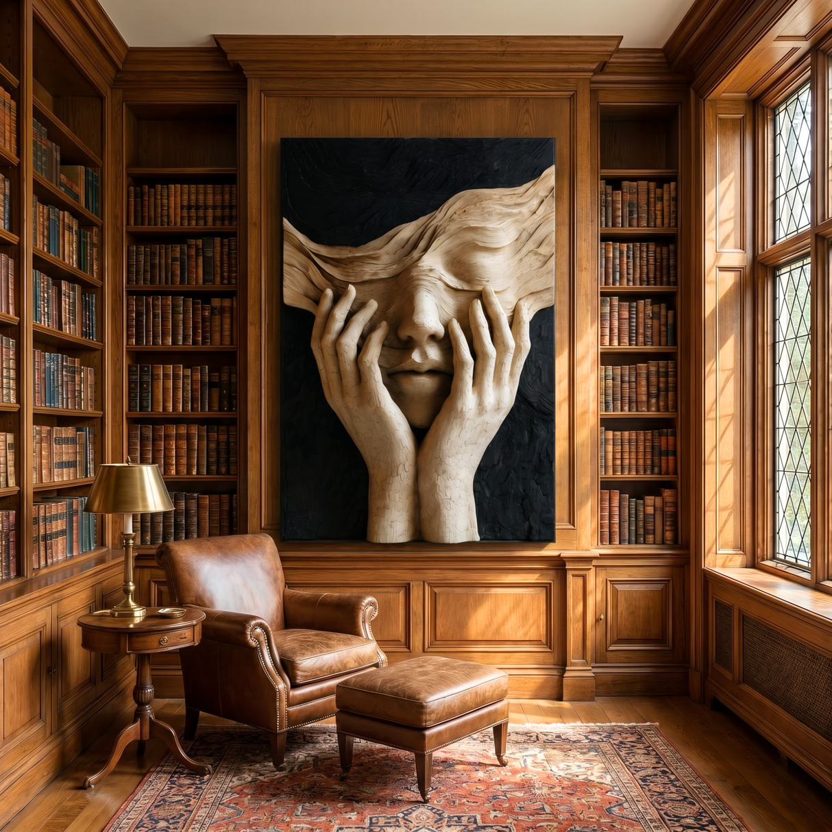 Handcrafted Veiled Face Sculptural Wood Wall Art with Expressive Hands