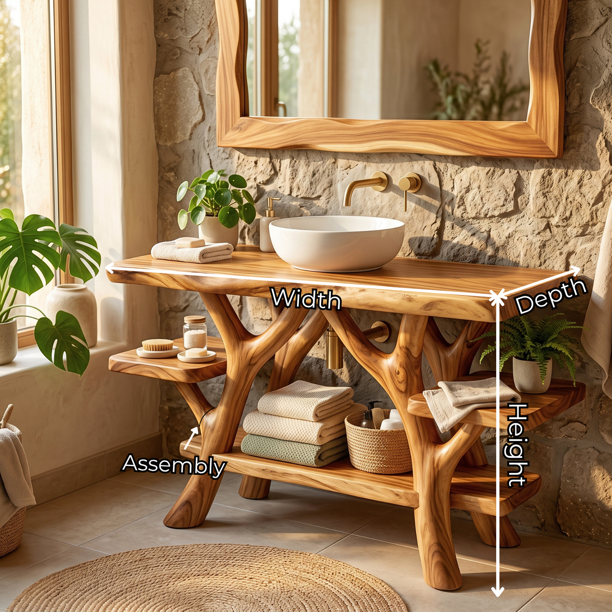 Bathroom Vanity Solid Wood with Branch Frame Shelves for Spa Bathroom Storage