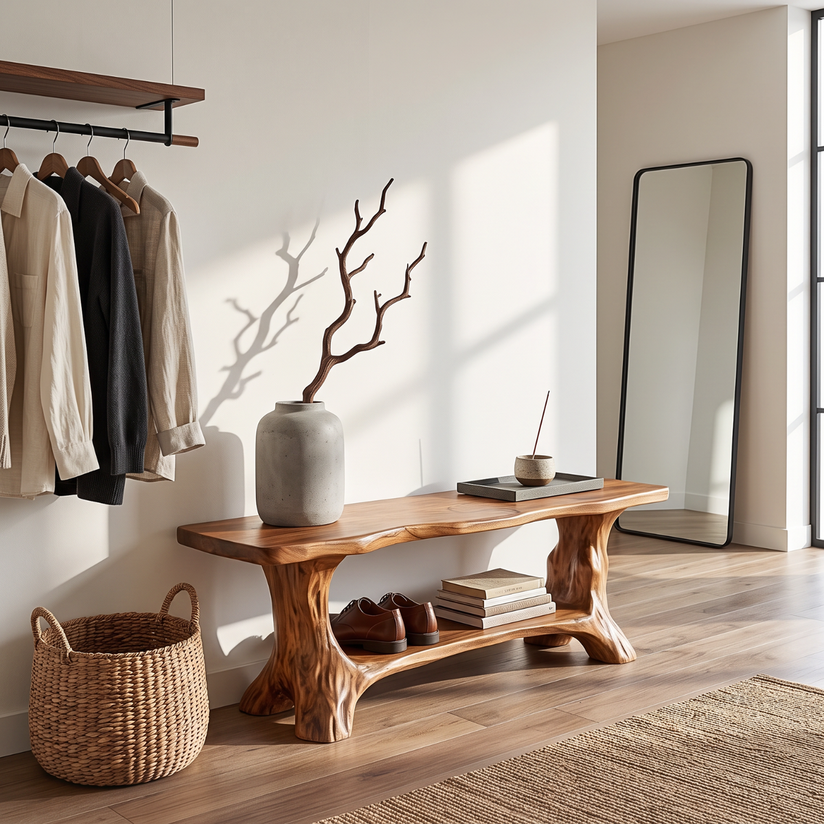 Sculptural Solid Wood Shoe Bench with Curved Supports and Open Storage Shelf