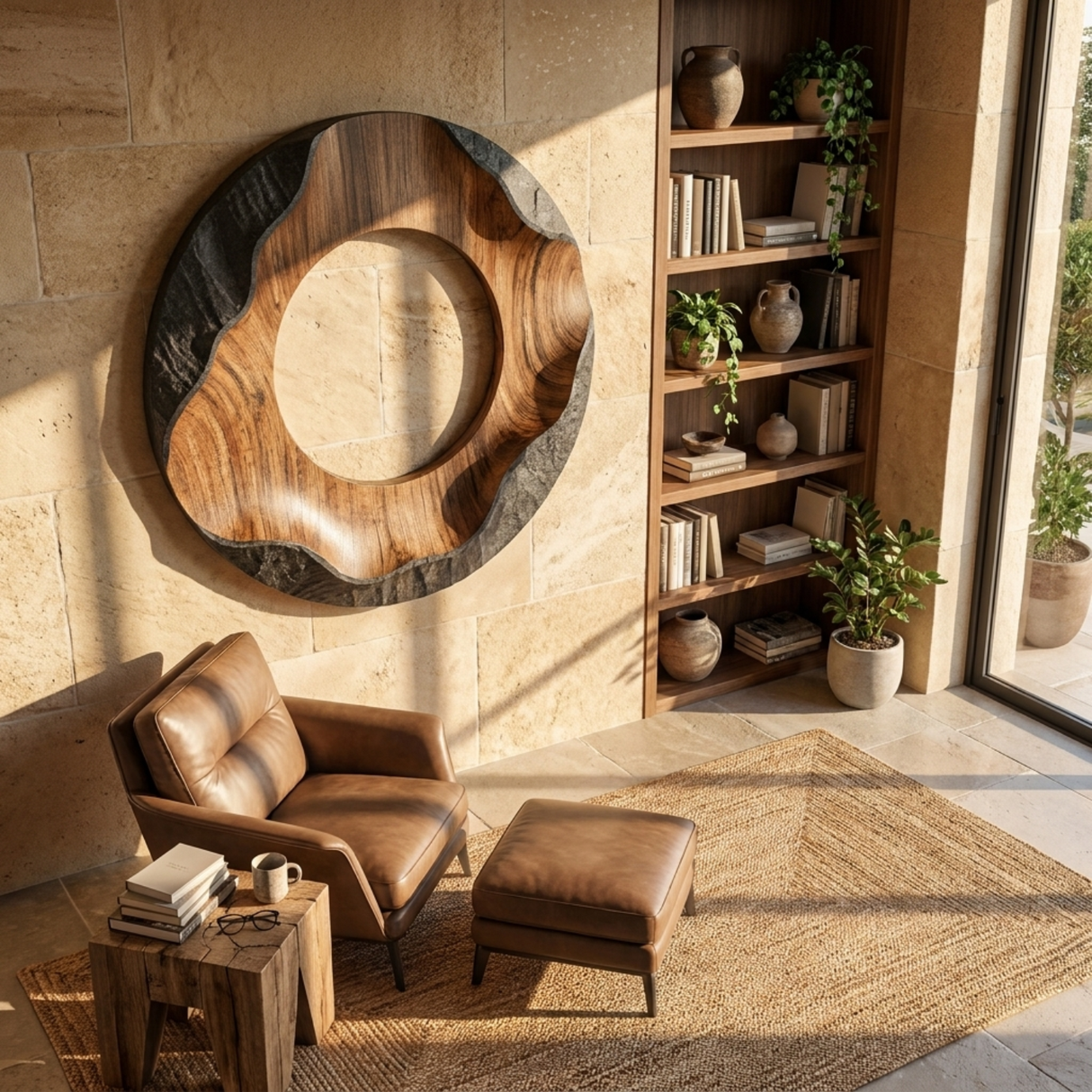 Solid Wood Circular Wall Sculpture with Flowing Organic Center