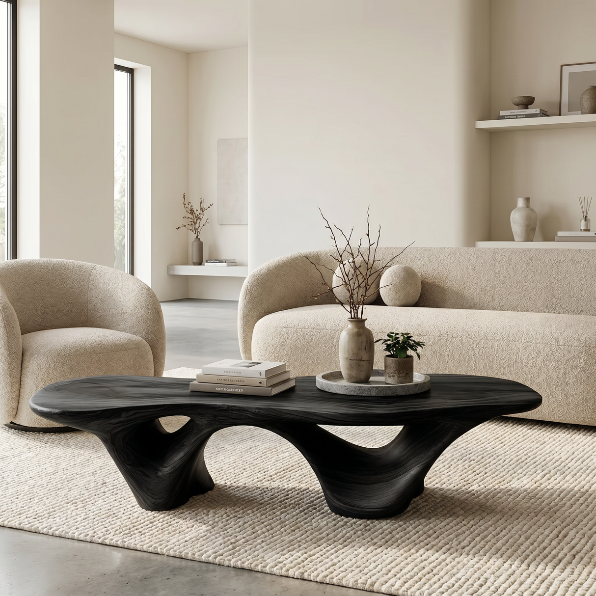 Coffee Table Solid Wood with Triple Hollow Sculptural Base for Living Room