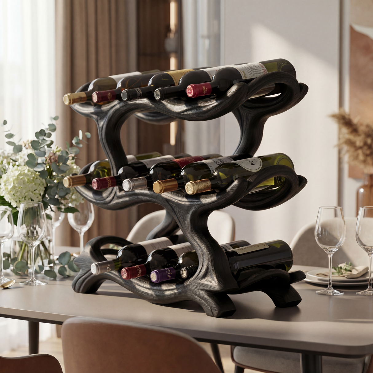 Organic Solid Wood Wine Rack Multi Tier Sculptural Bottle Holder for Kitchen Counter Display