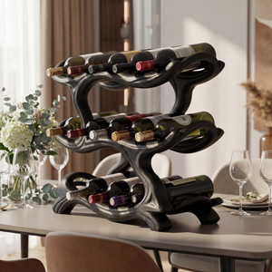 Organic Solid Wood Wine Rack Multi Tier Sculptural Bottle Holder for Kitchen Counter Display