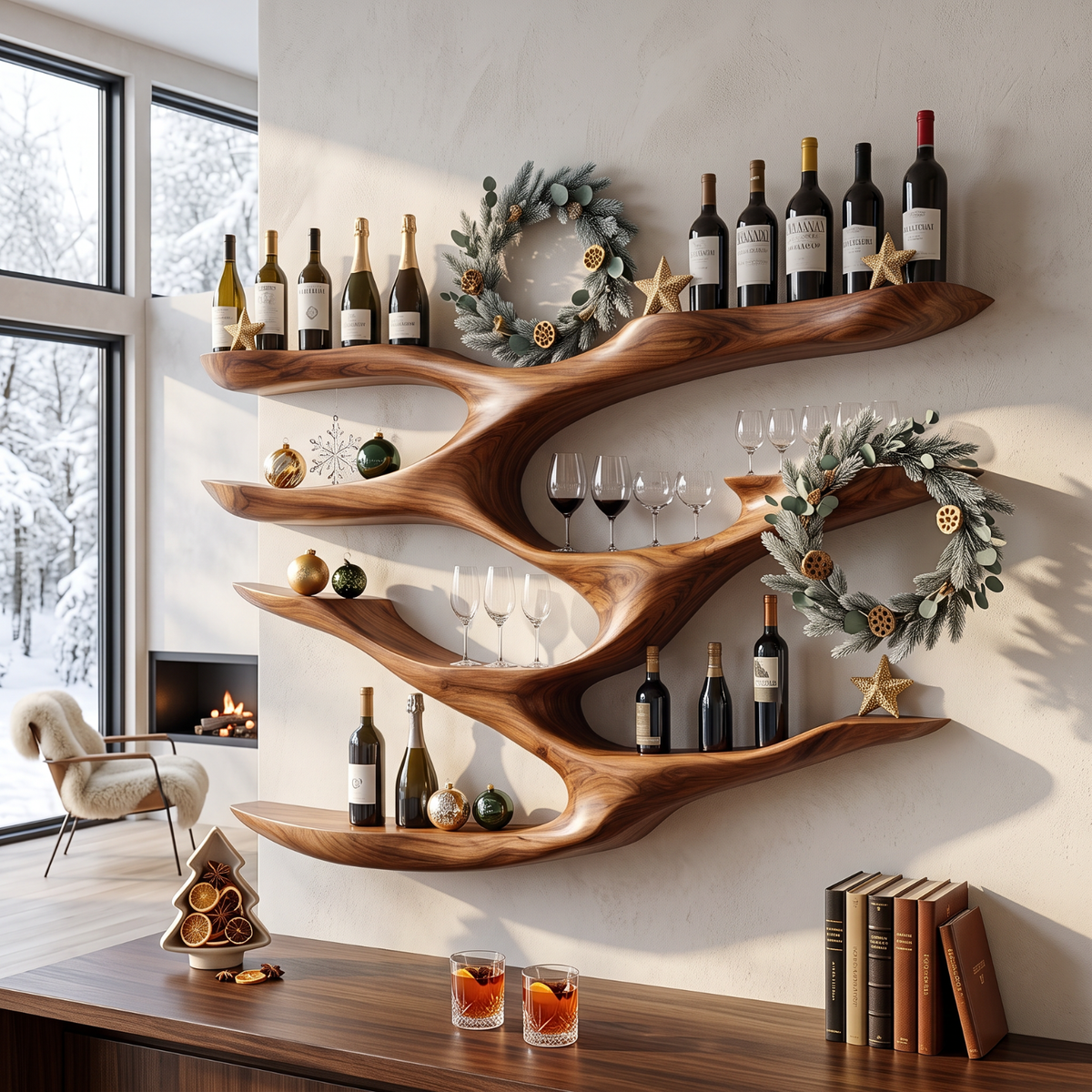 Interwoven Branch Solid Wood Wall Wine Rack for Wine Bottles and Glasses